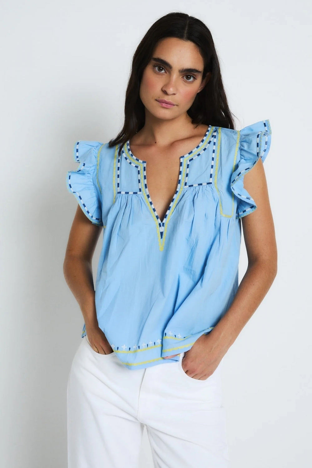 Aura Embroidery Blouse in Azul
