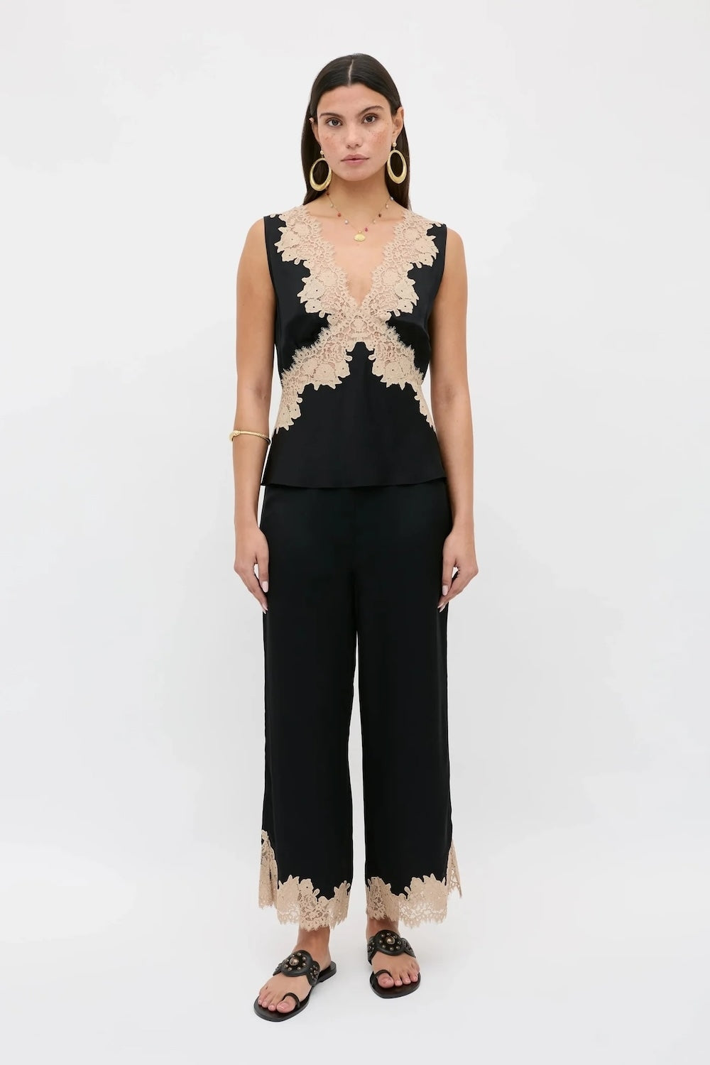 Marcela Lace-Trimmed Satin Trousers in Black