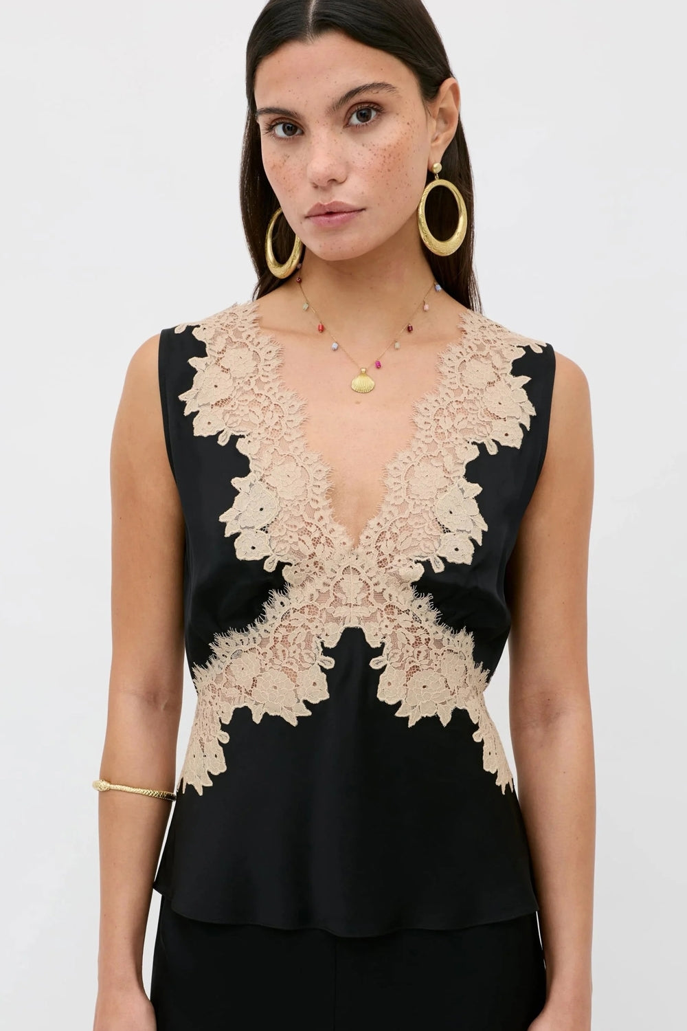Emmie Lace-Trimmed Satin Top in Black
