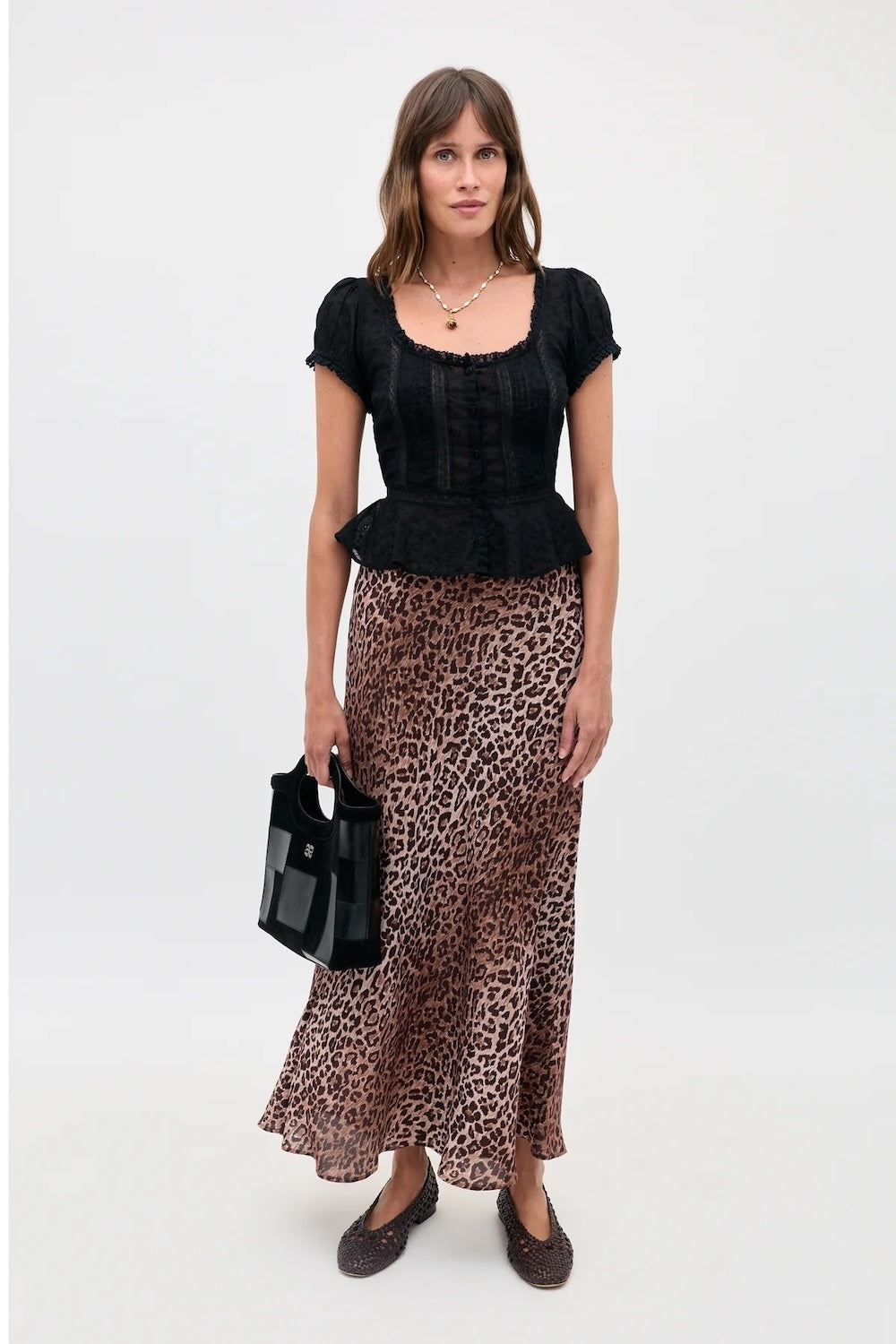 Kelly Silk Midi Skirt in Leopard Brown