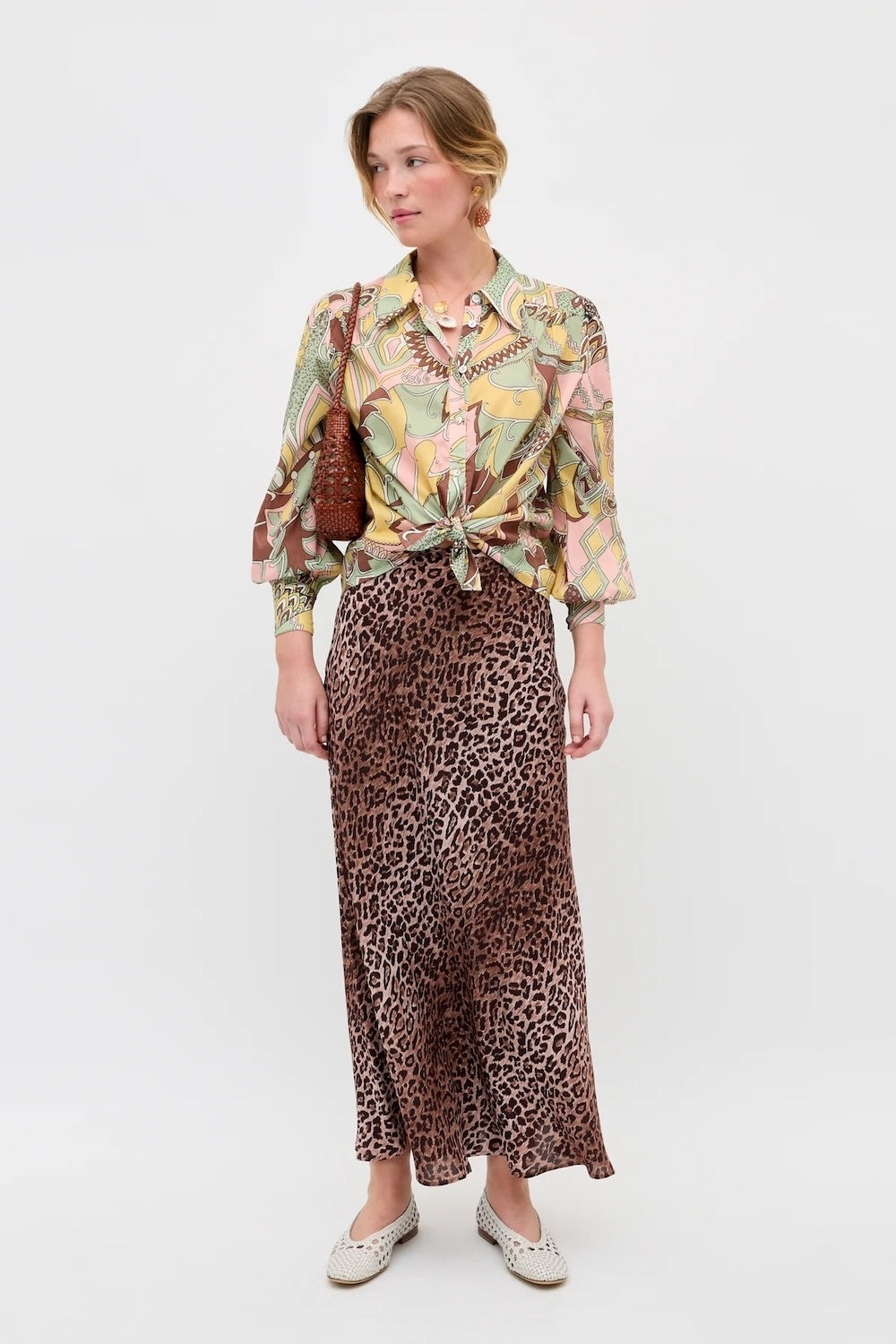 Kelly Silk Midi Skirt in Leopard Brown