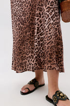 Kelly Silk Midi Skirt in Leopard Brown