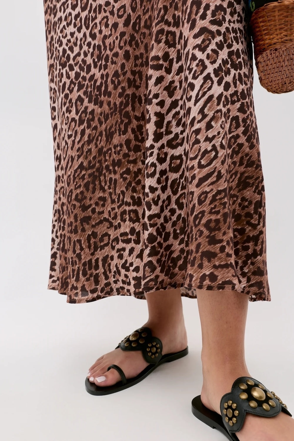 Kelly Silk Midi Skirt in Leopard Brown