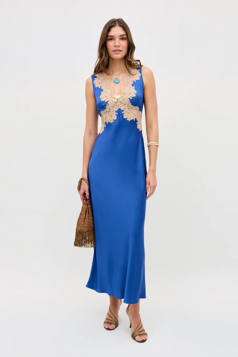 Lysandra Lace-Trimmed Satin Dress in Iris Blue
