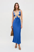Lysandra Lace-Trimmed Satin Dress in Iris Blue