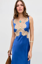 Lysandra Lace-Trimmed Satin Dress in Iris Blue
