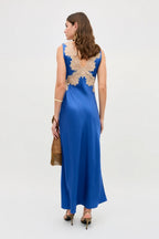 Lysandra Lace-Trimmed Satin Dress in Iris Blue