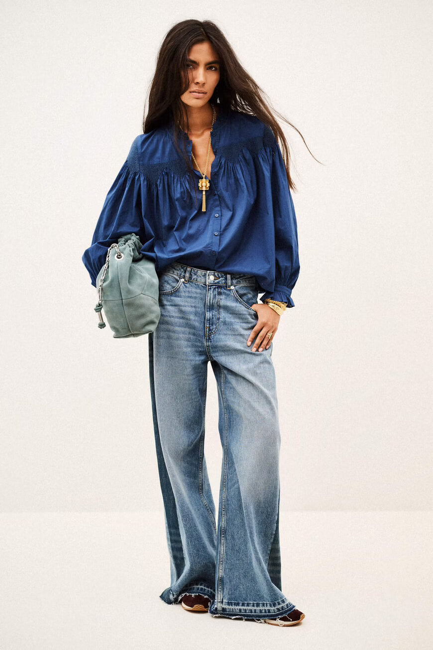 BA&SH Tonia Long Sleeved Embroidered Shirt in Blue