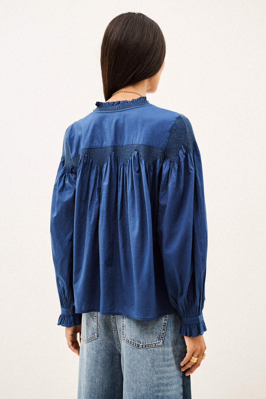 BA&SH Tonia Long Sleeved Embroidered Shirt in Blue