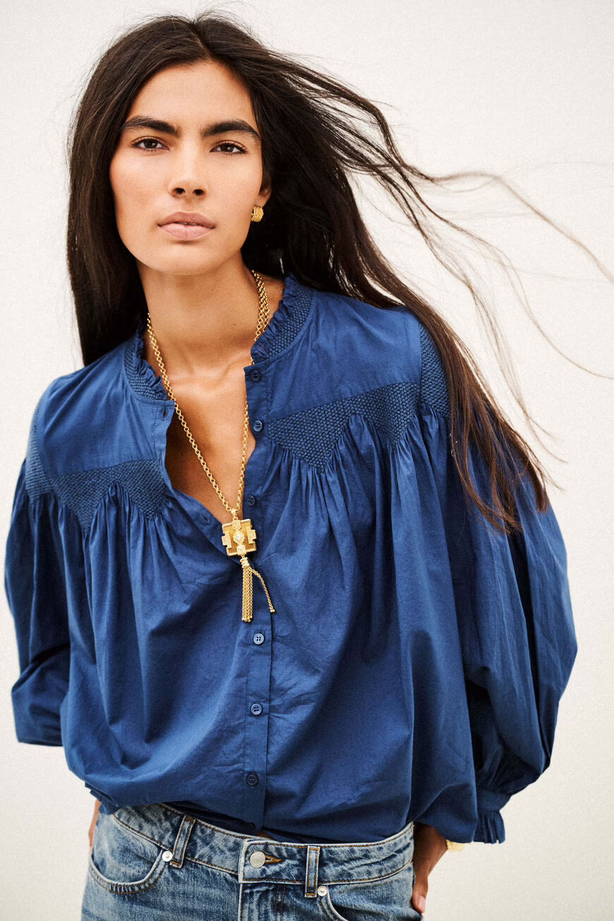 BA&SH Tonia Long Sleeved Embroidered Shirt in Blue