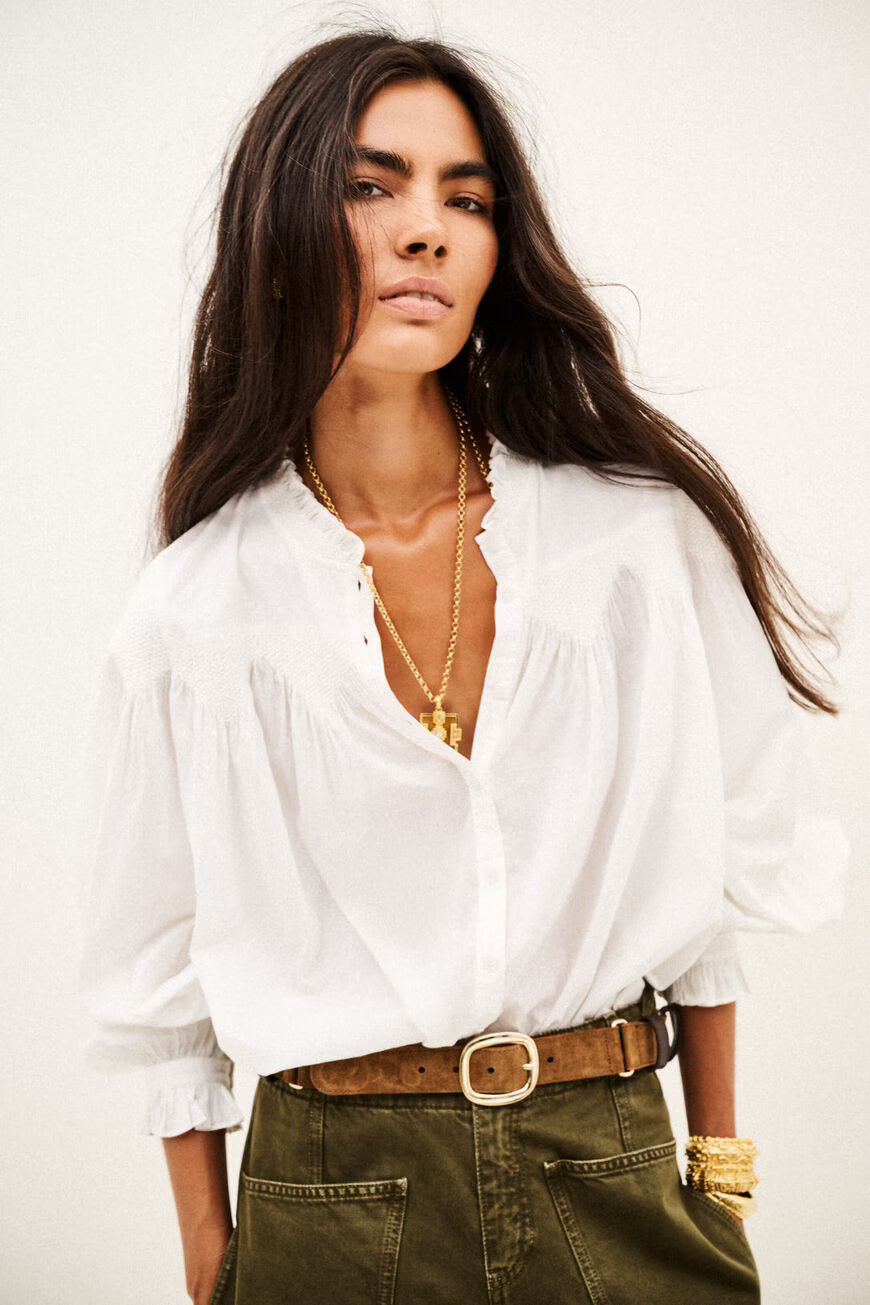 BA&SH Tonia Long Sleeved Embroidered Shirt in Ecru