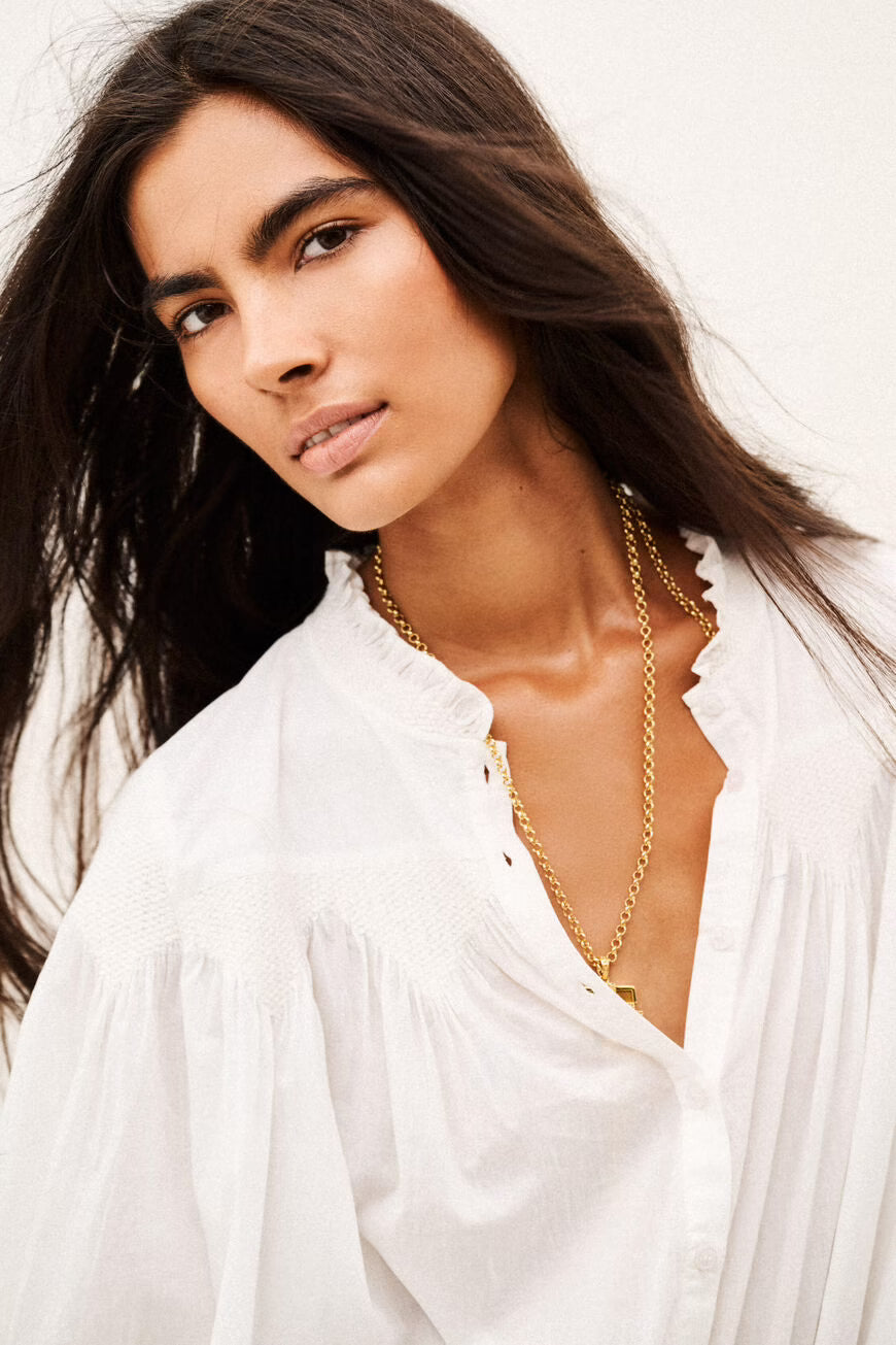 BA&SH Tonia Long Sleeved Embroidered Shirt in Ecru