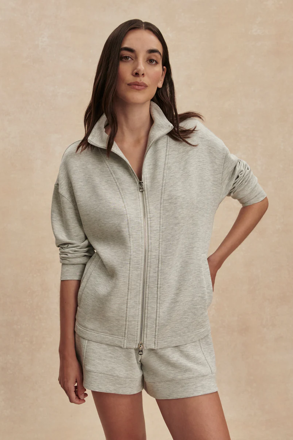 Varley Arlene Zip Through Sweat in Light Grey Marl