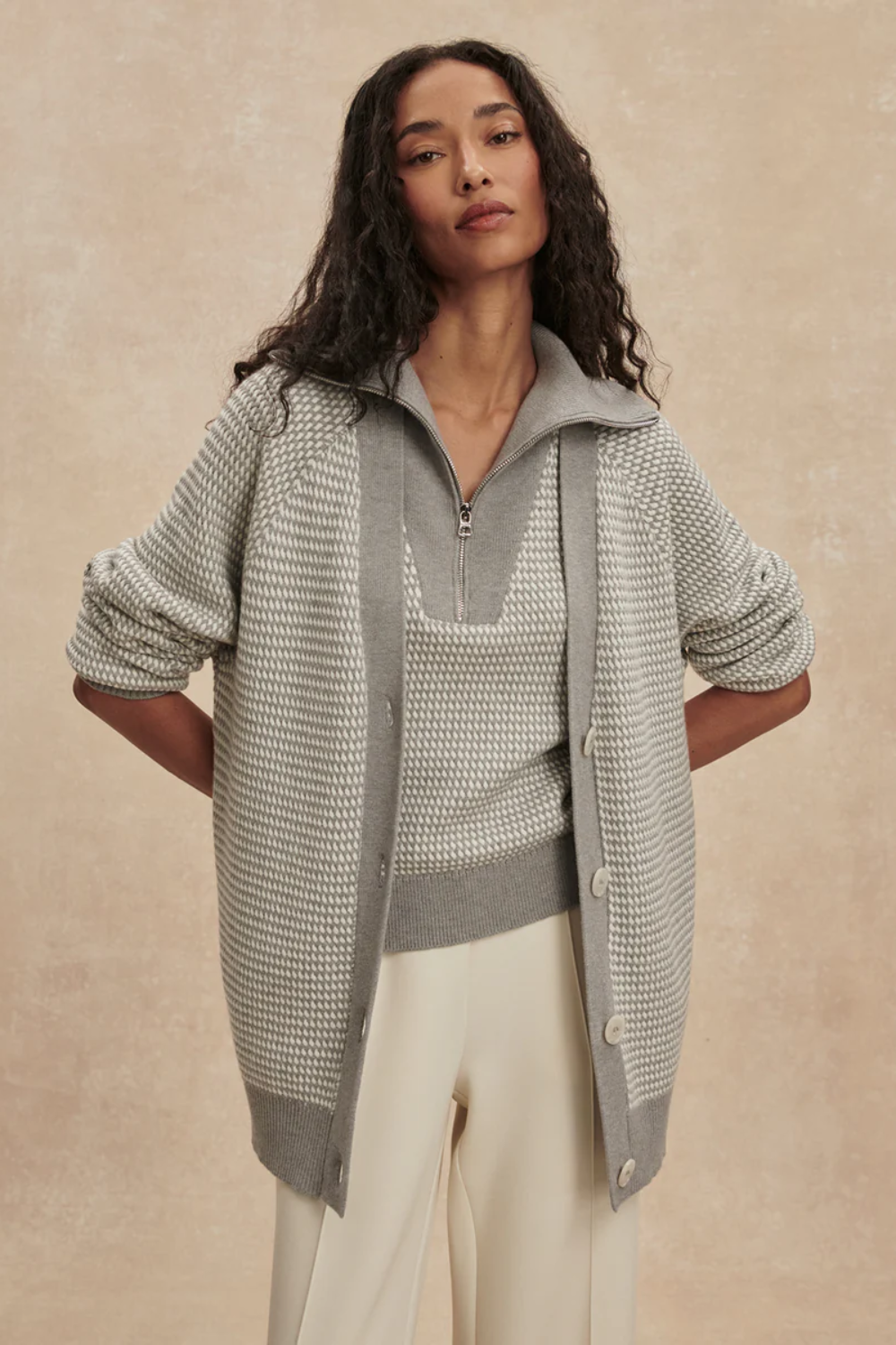 Varley Ryder Knit Cardigan in Grey Melange / White