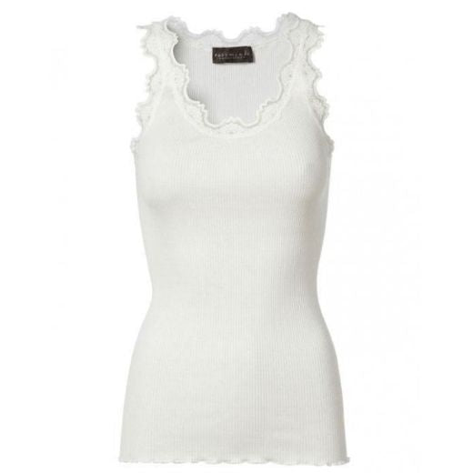 Rosemunde Babette Silk Short Sleeve U-Neck Lace Top in New White