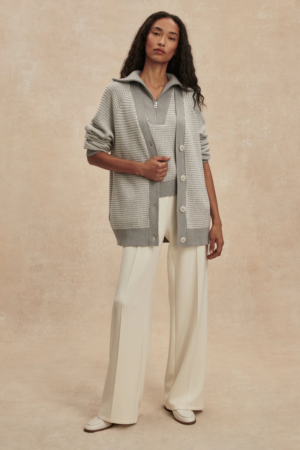 Varley Ryder Knit Cardigan in Grey Melange / White