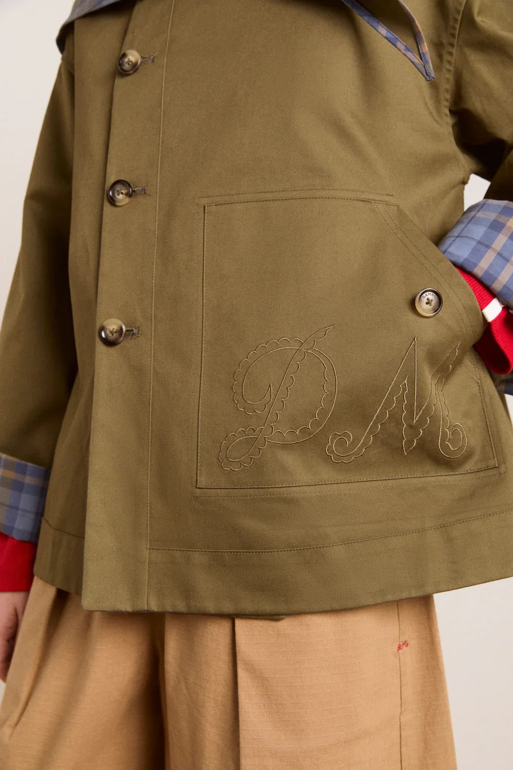 Damson Madder Reversible Jerry Crop Trench Coat in Olive