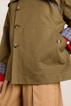 Damson Madder Reversible Jerry Crop Trench Coat in Olive