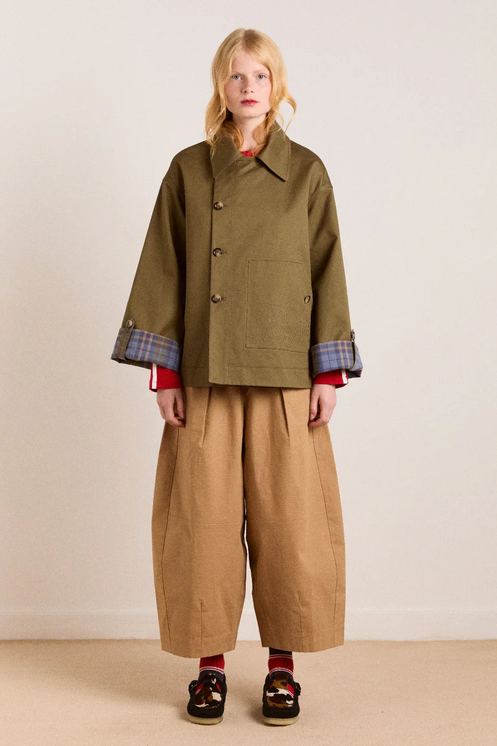 Damson Madder Reversible Jerry Crop Trench Coat in Olive