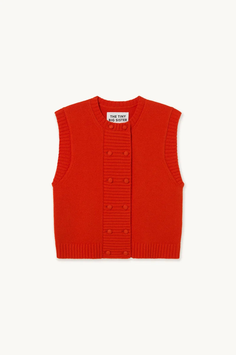 The Tiny Big Sister Buttoned Merino Wool Vest in Red
