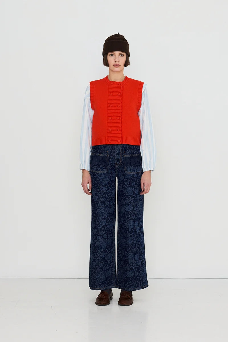 The Tiny Big Sister Buttoned Merino Wool Vest in Red