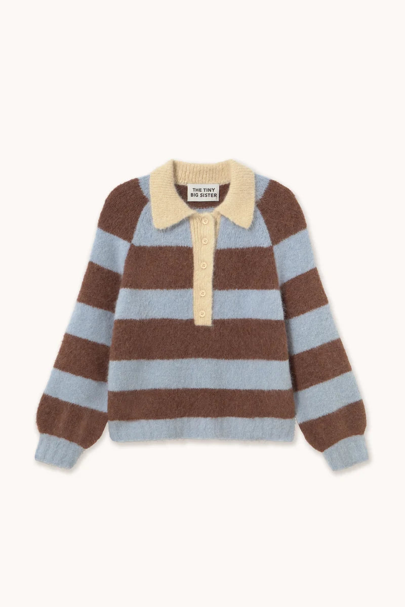 The Tiny Big Sister Frank Striped Polo in Washed Blue and Cacao