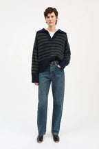 Skall Studio Dean V-Neck Jumper in Navy / Dark Green Stripe