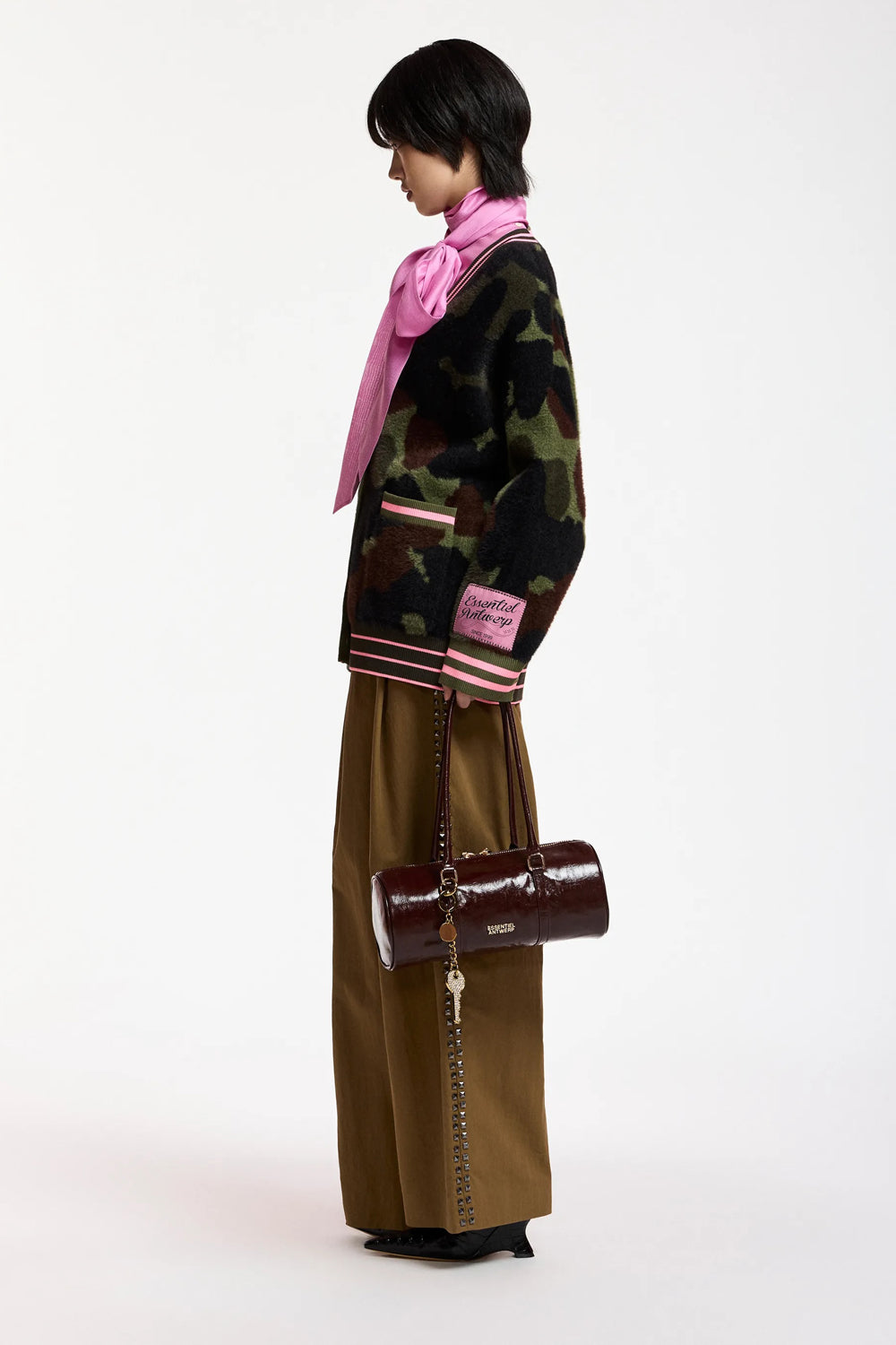 Essentiel Antwerp Kamoo Camouflage Knit Cardigan in Khaki and Brown