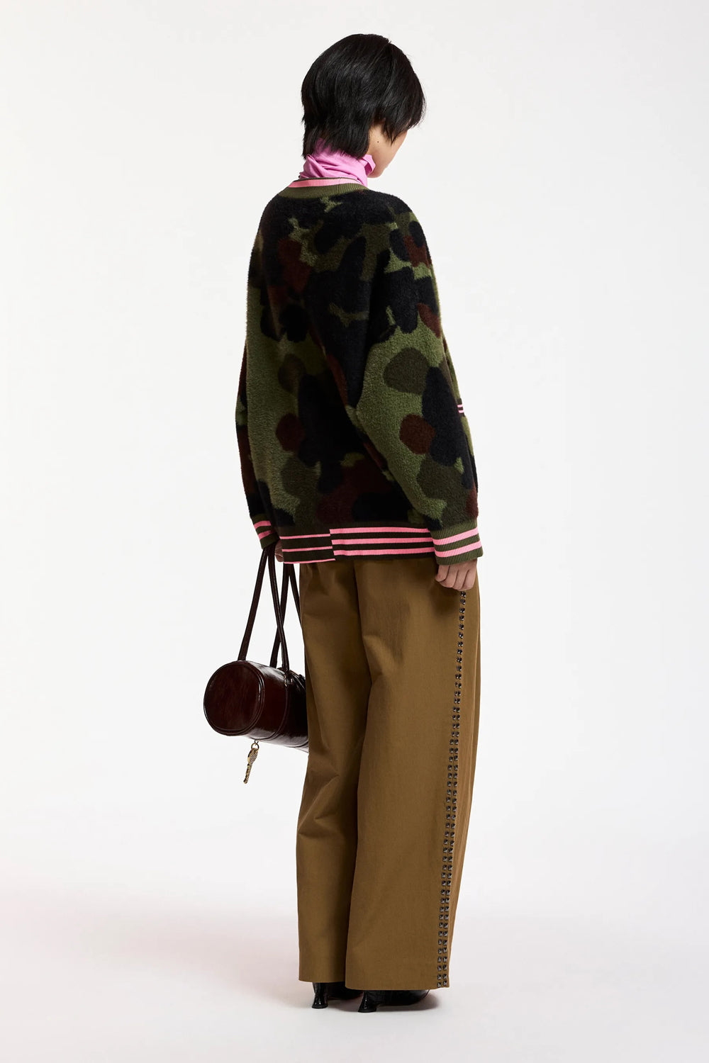 Essentiel Antwerp Kamoo Camouflage Knit Cardigan in Khaki and Brown