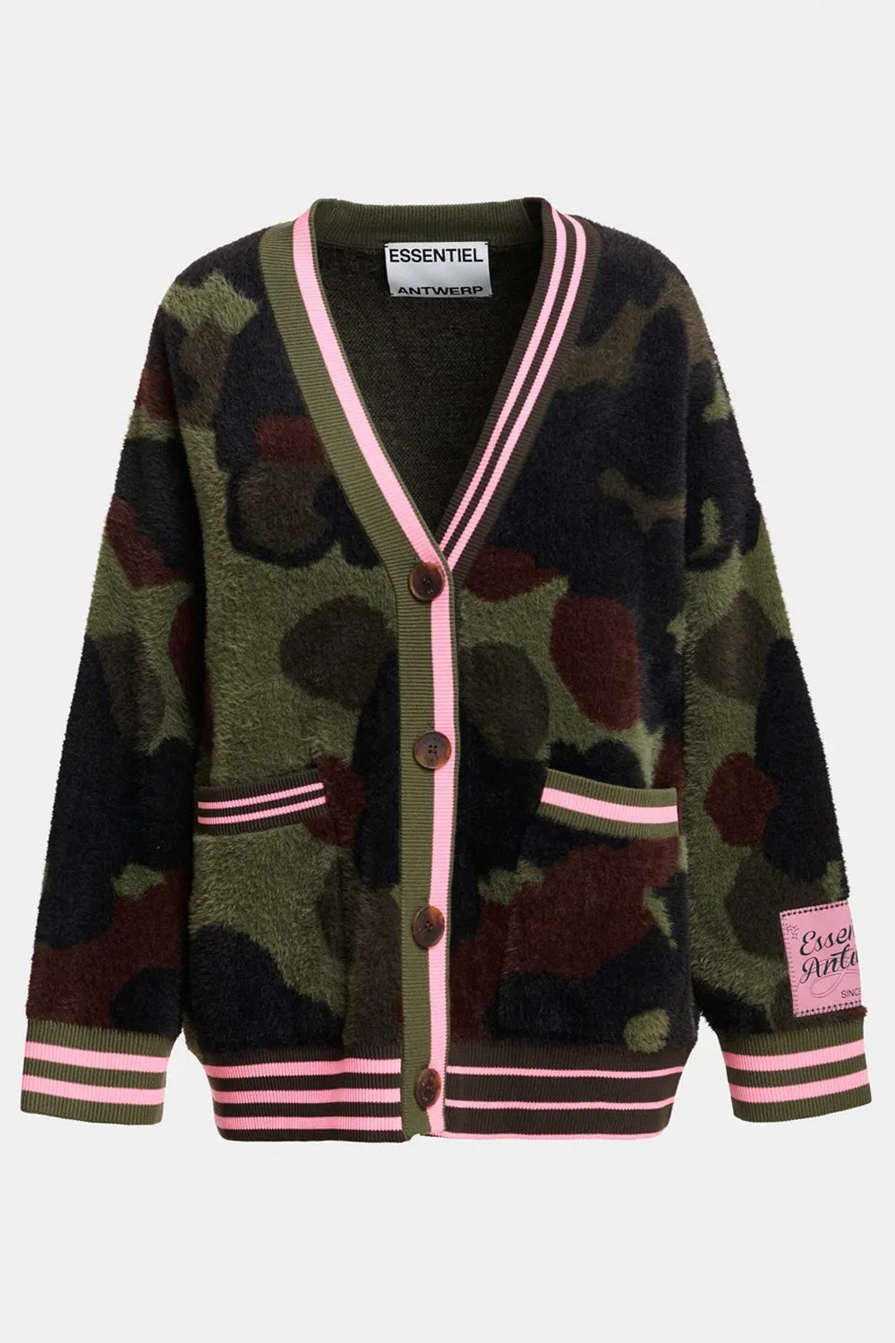Essentiel Antwerp Kamoo Camouflage Knit Cardigan in Khaki and Brown