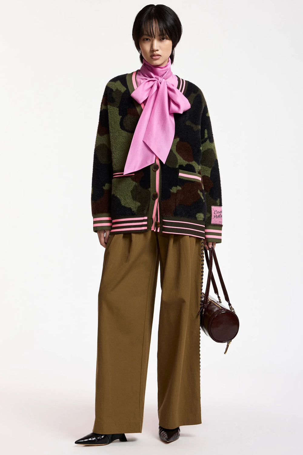 Essentiel Antwerp Kamoo Camouflage Knit Cardigan in Khaki and Brown
