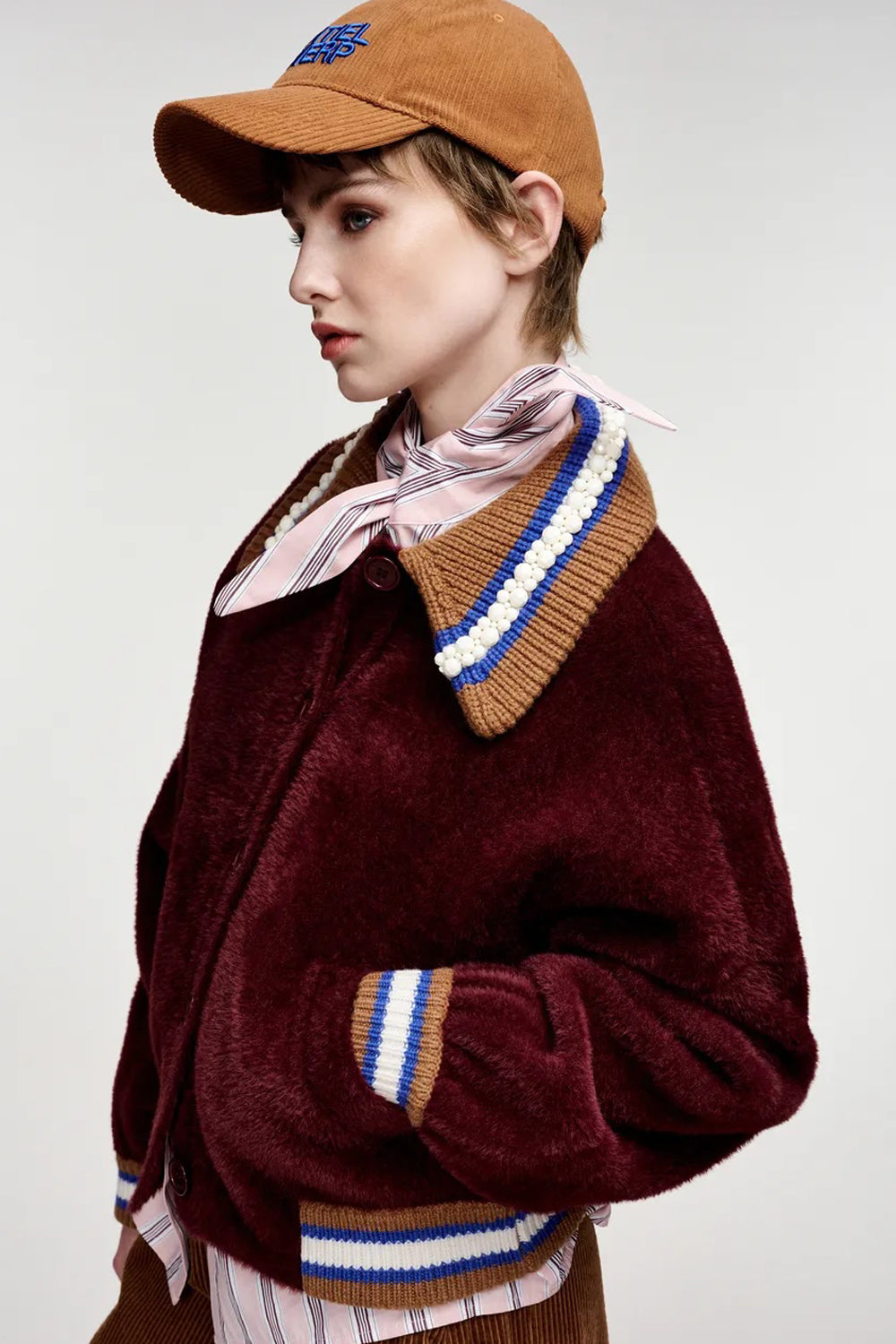 Essentiel Antwerp Kamore Knit Jacket with Collar in Blue/Brown/Burgundy
