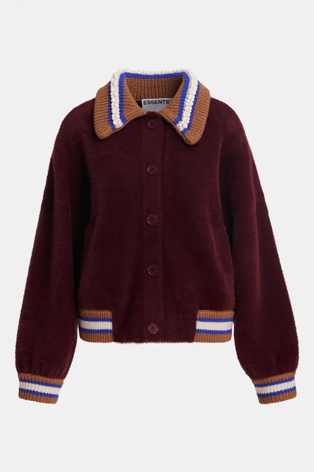 Essentiel Antwerp Kamore Knit Jacket with Collar in Blue/Brown/Burgundy