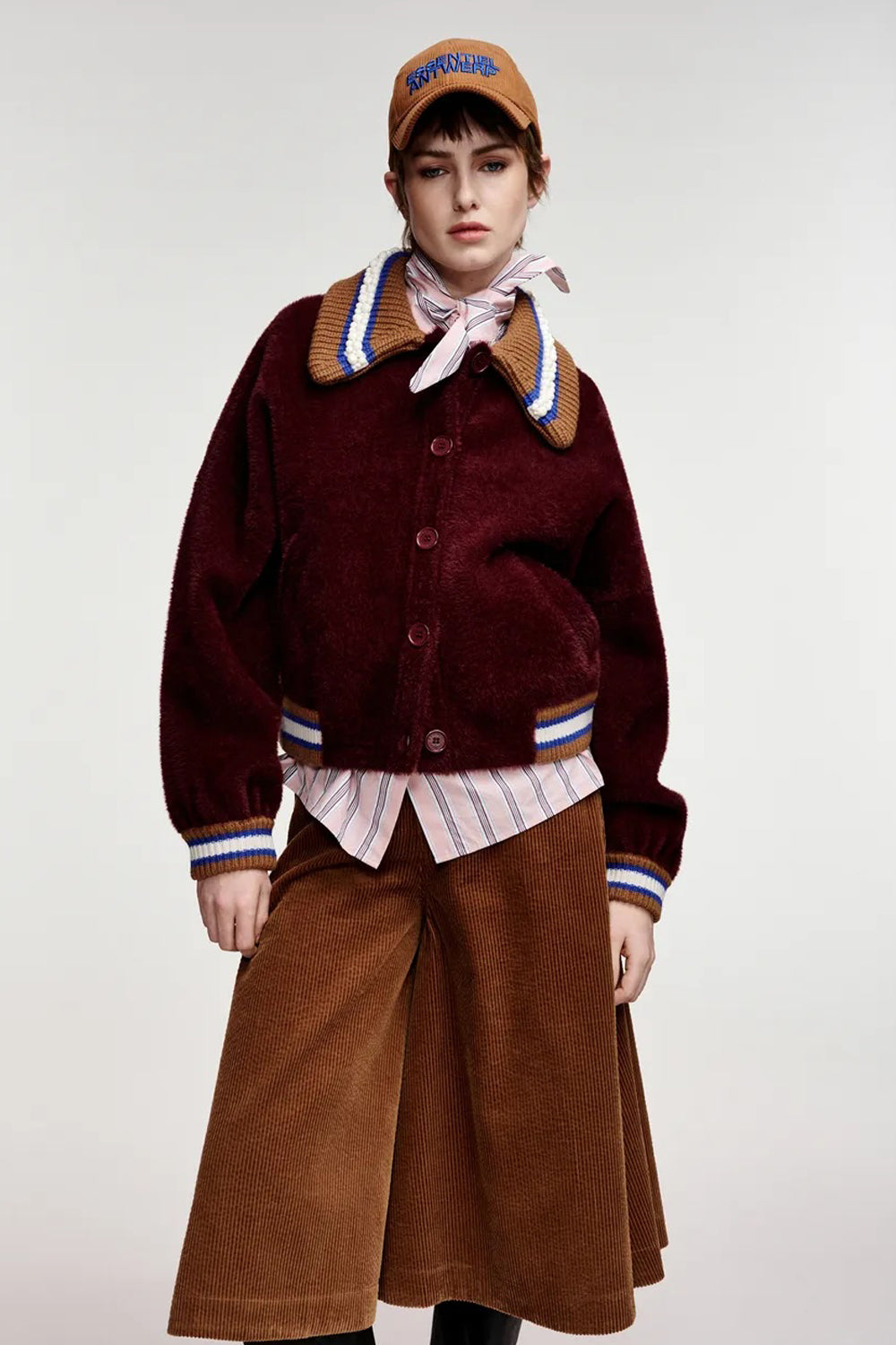 Essentiel Antwerp Kamore Knit Jacket with Collar in Blue/Brown/Burgundy
