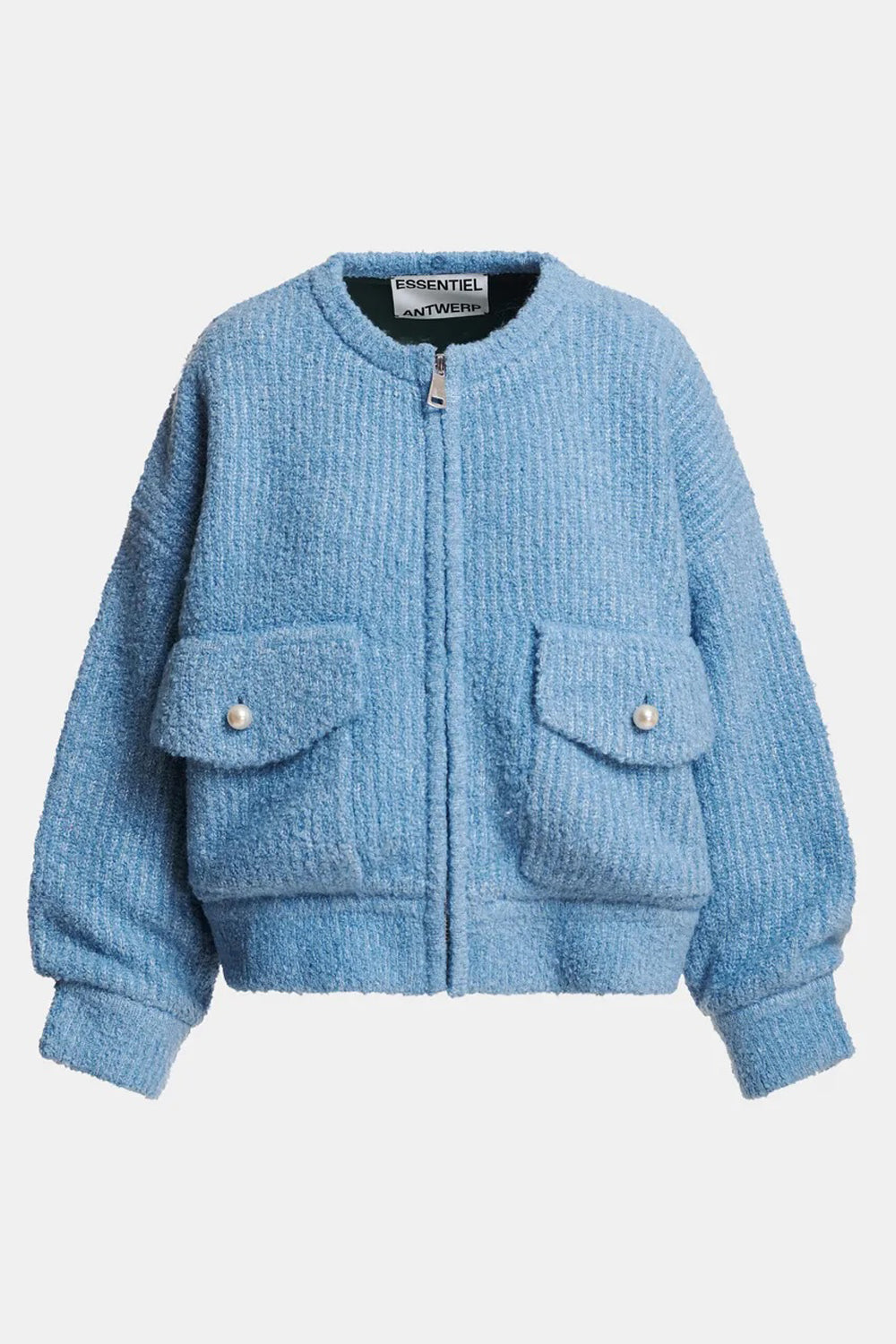 Essentiel Antwerp Kanada Knitted Jacket with Faux Fur Collar in Dark Green/Light Blue