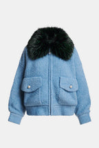 Essentiel Antwerp Kanada Knitted Jacket with Faux Fur Collar in Dark Green/Light Blue