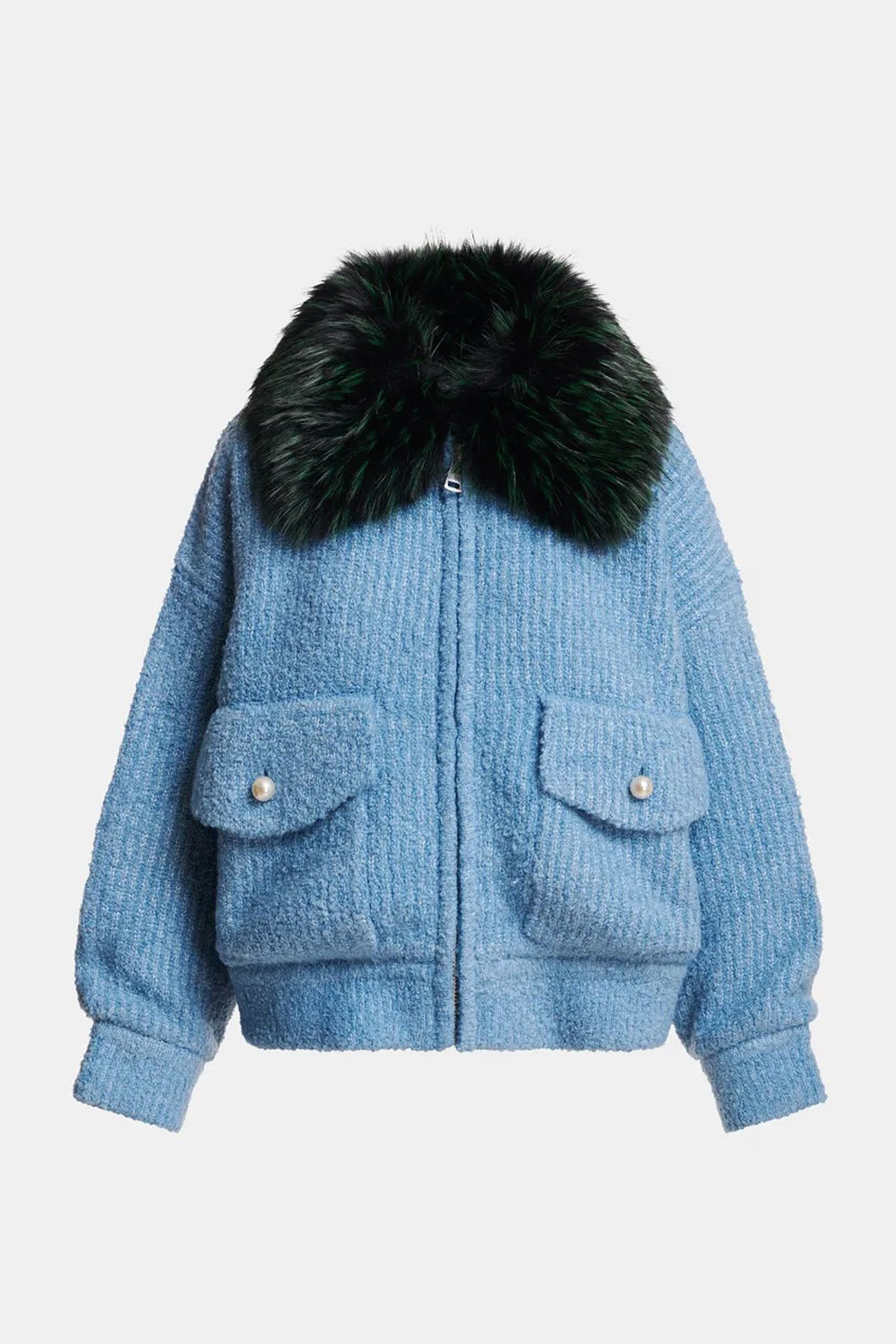 Essentiel Antwerp Kanada Knitted Jacket with Faux Fur Collar in Dark Green/Light Blue