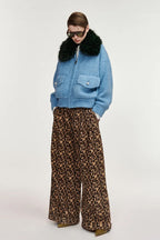 Essentiel Antwerp Kanada Knitted Jacket with Faux Fur Collar in Dark Green/Light Blue