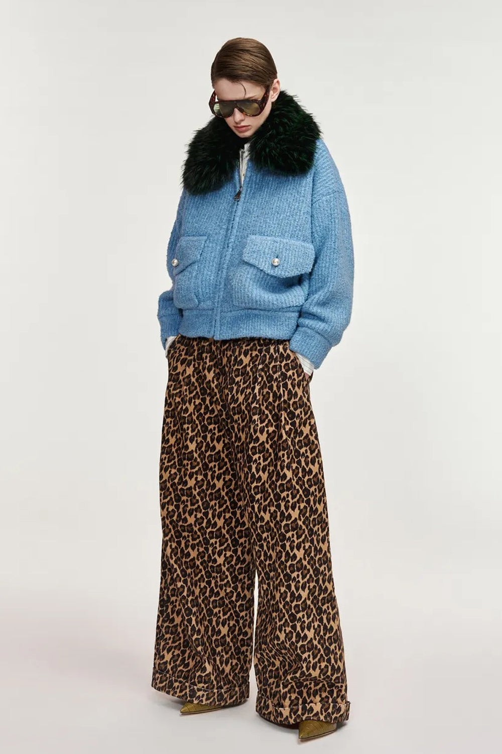 Essentiel Antwerp Kanada Knitted Jacket with Faux Fur Collar in Dark Green/Light Blue