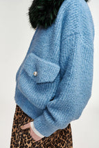 Essentiel Antwerp Kanada Knitted Jacket with Faux Fur Collar in Dark Green/Light Blue