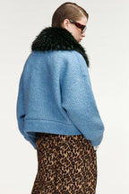 Essentiel Antwerp Kanada Knitted Jacket with Faux Fur Collar in Dark Green/Light Blue
