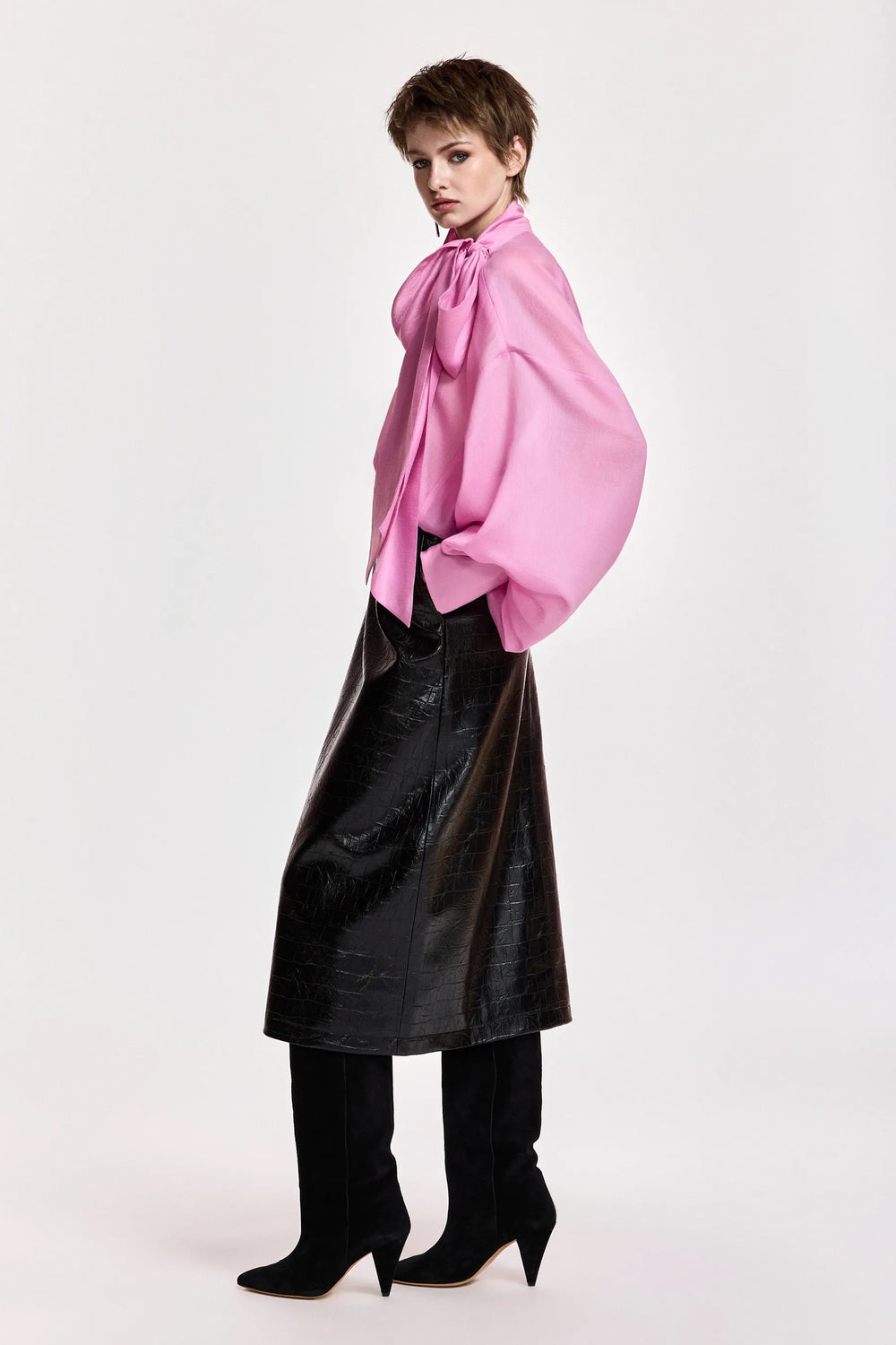 Essentiel Antwerp Karismatic Pussy Bow Tie Top in Millenial Pink