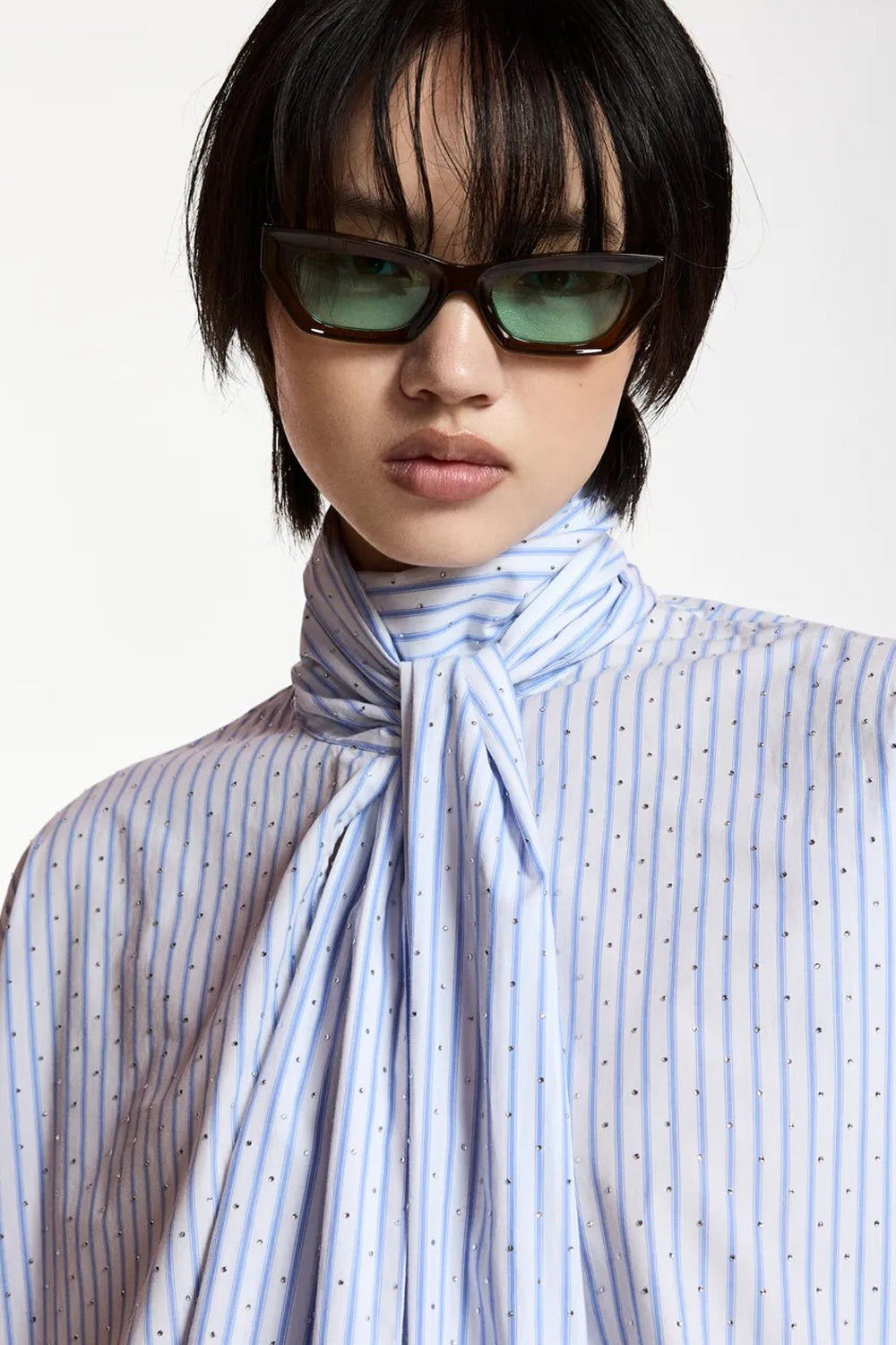 Kefir Pussy-Bow Top in Blue and White Stripe