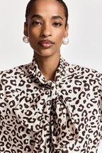 Essentiel Antwerp Khaleesi Leopard Print Pussy-Bow Shirt in Brown and Cream
