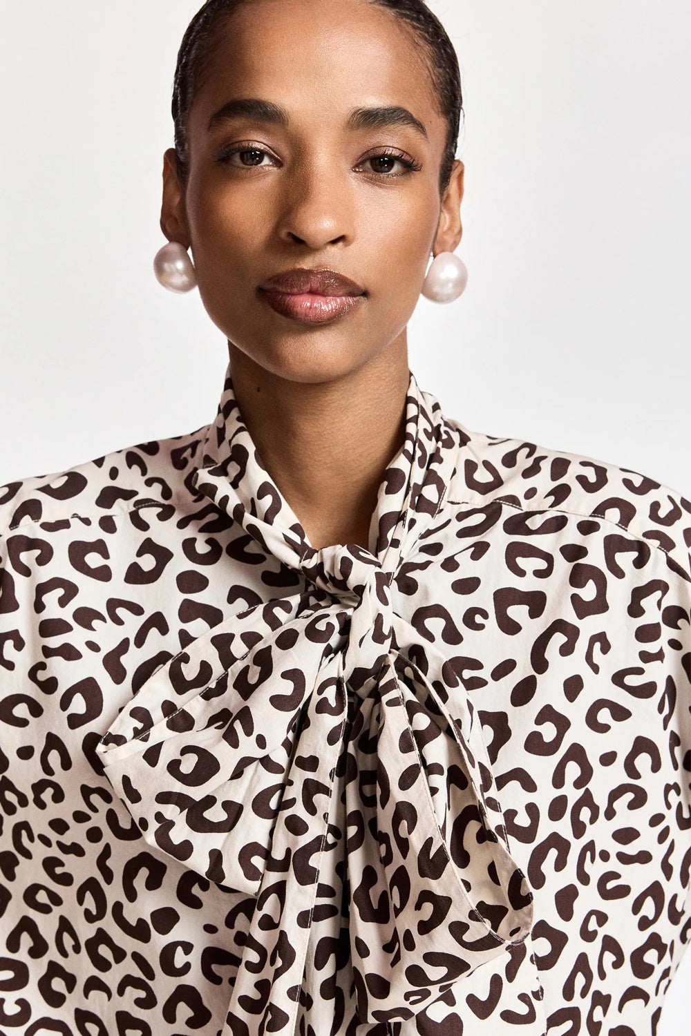 Essentiel Antwerp Khaleesi Leopard Print Pussy-Bow Shirt in Brown and Cream