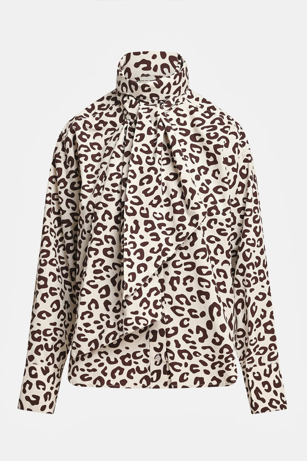 Essentiel Antwerp Khaleesi Leopard Print Pussy-Bow Shirt in Brown and Cream