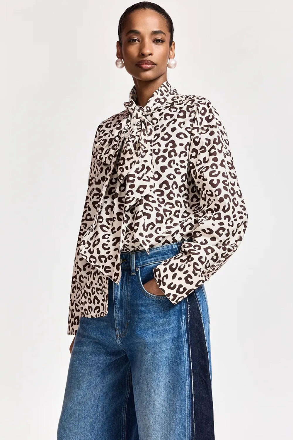 Essentiel Antwerp Khaleesi Leopard Print Pussy-Bow Shirt in Brown and Cream