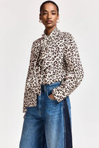 Essentiel Antwerp Khaleesi Leopard Print Pussy-Bow Shirt in Brown and Cream
