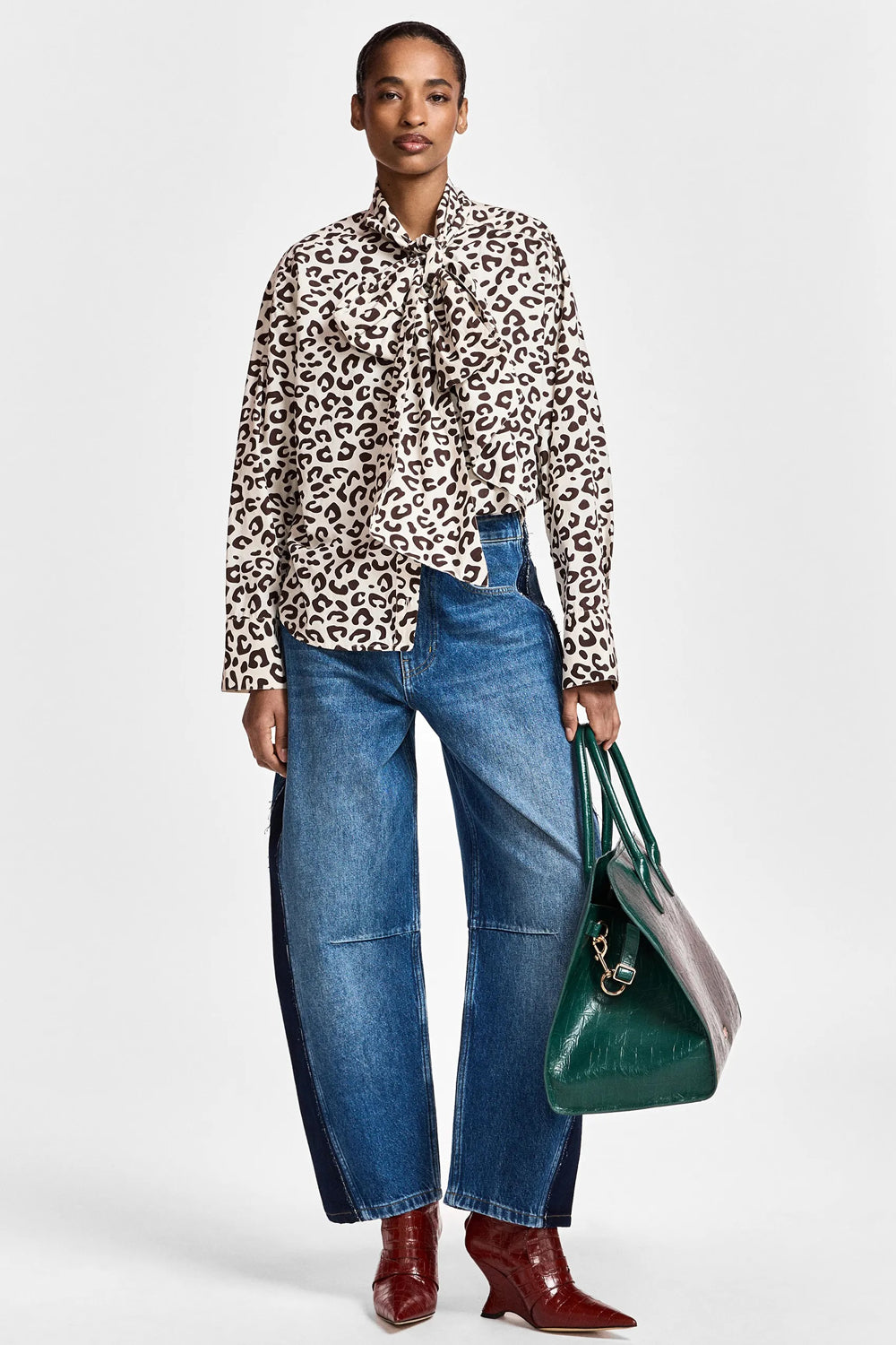 Essentiel Antwerp Khaleesi Leopard Print Pussy-Bow Shirt in Brown and Cream