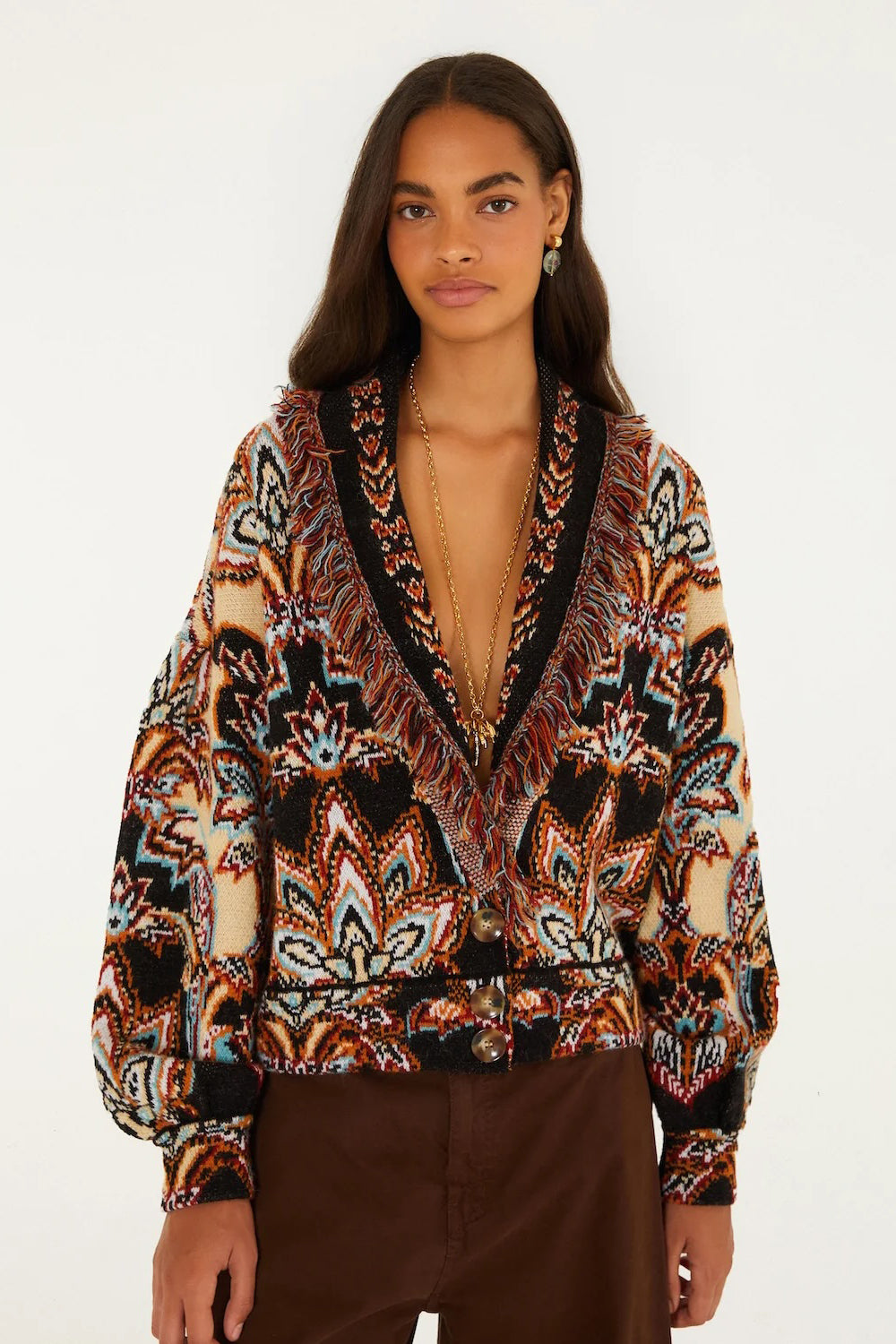 Farm Rio Tapestry Dream Cream Knit Fringe Cardigan